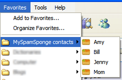 Example showing MySpamSponge contacts stored in favorites list for quick access